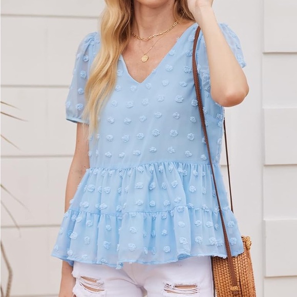 (A8) HOTOUCH Swiss Dot Short Sleeve Blouse Ruffle Hem Chiffon V-Neck, Sz L, NWT - Picture 2 of 7